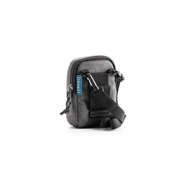 Small gray camera pouch with black accents shown from front angle, featuring zippered compartments and a shoulder strap against white background.