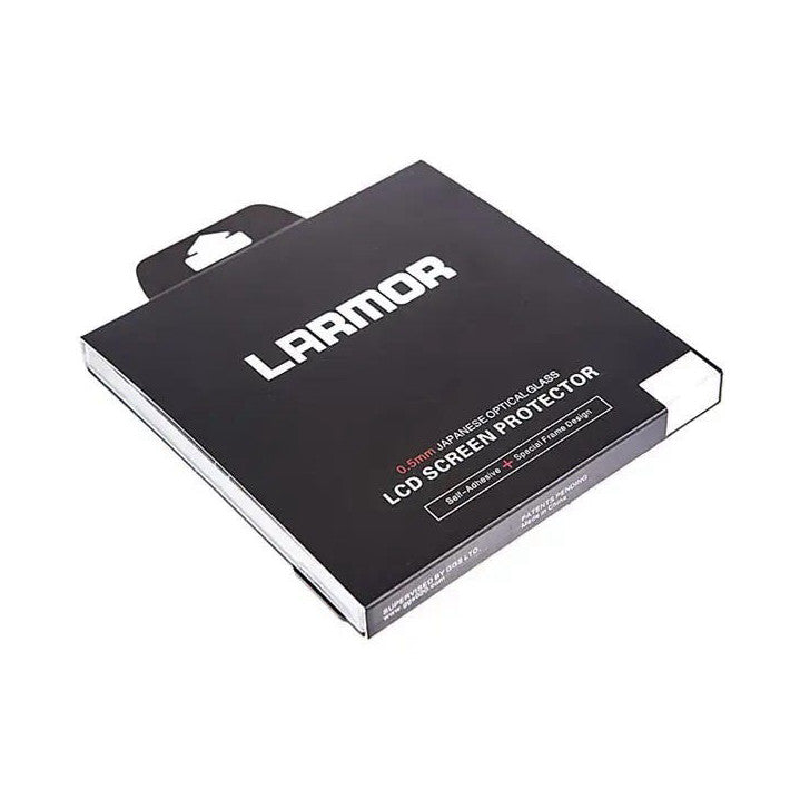 Larmor LCD screen protector packaging displayed at an angle, showing black box with white branding and product details for Canon R6II/R7.