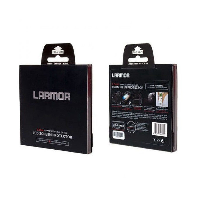 Front and back views of Larmor LCD screen protector packaging in black box with product details and pull-out tab.