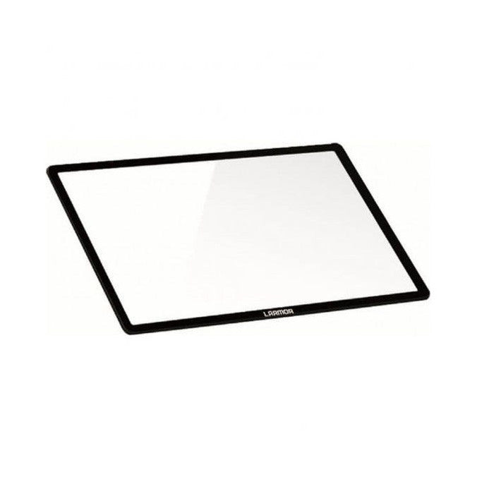 Angled perspective view of a rectangular glass screen protector with black frame border and clear center, labeled "Larmor" at bottom.