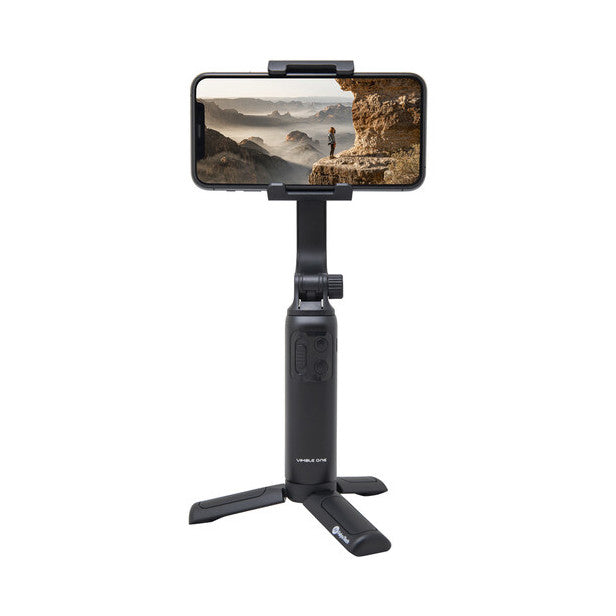 Black smartphone gimbal with phone mounted on top, displayed at three-quarter angle showing the extended arm, grip handle, and tripod base against white background.