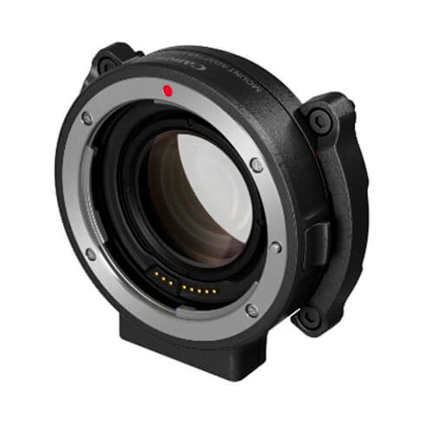 Canon EF-EOSR C70 mount adapter shown from front angle, displaying gray metal mount ring with gold electrical contacts and black housing on white background.