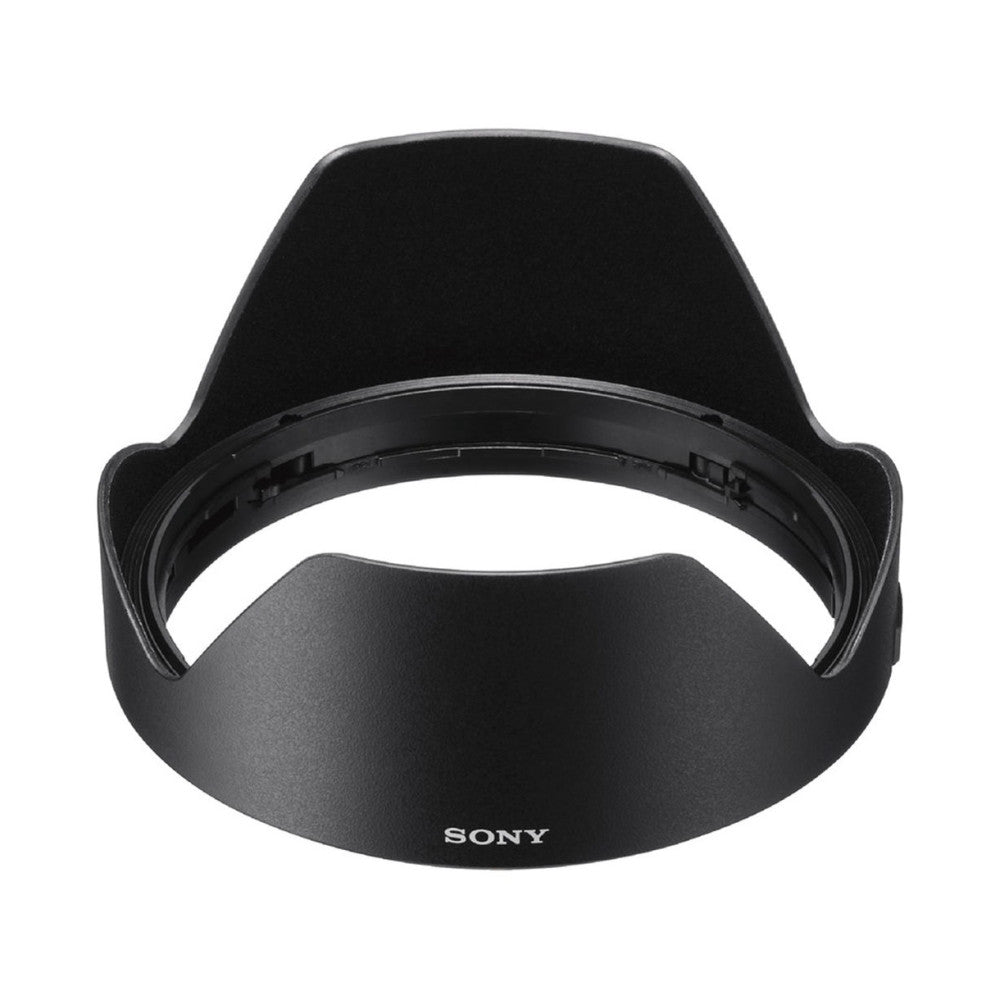 Black Sony lens hood shown from front view, displaying the curved shade design with Sony branding at the bottom.