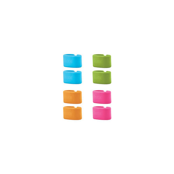 Eight color-coded cylindrical caps arranged in four rows of two, showing blue, green, orange, and pink options in a front-facing product display view.