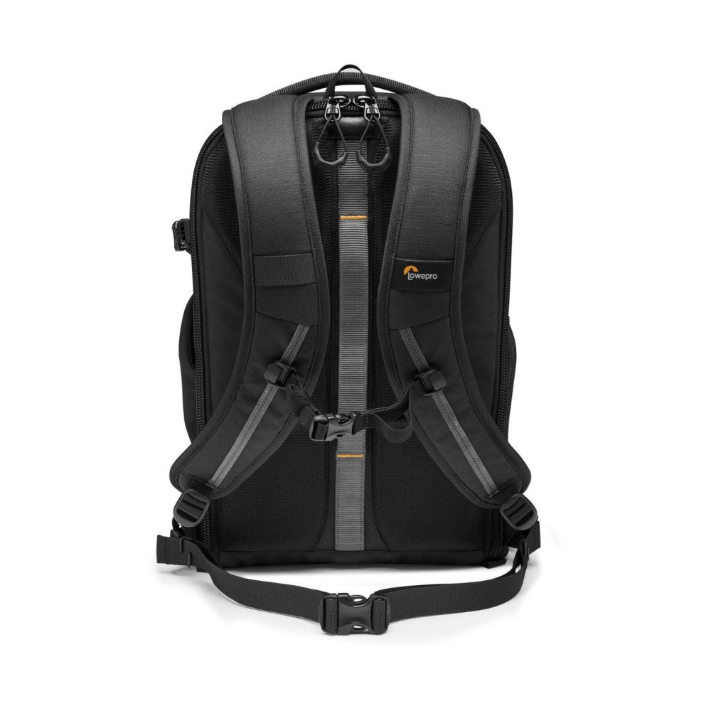 Rear view of black LowePro FLIPSIDE backpack showing padded shoulder straps, mesh panels, and orange logo accent.