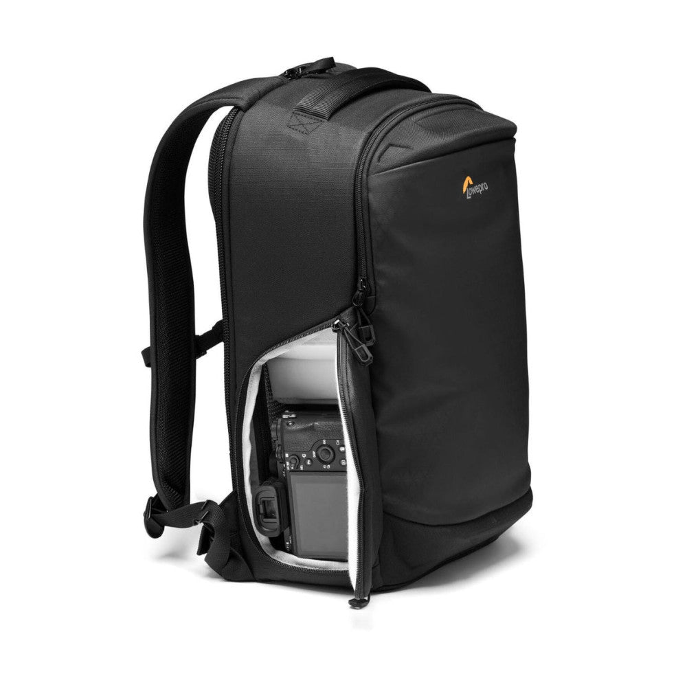 Black camera backpack shown from the side angle with an open compartment displaying a DSLR camera inside, orange Lowepro logo visible on the front pocket.