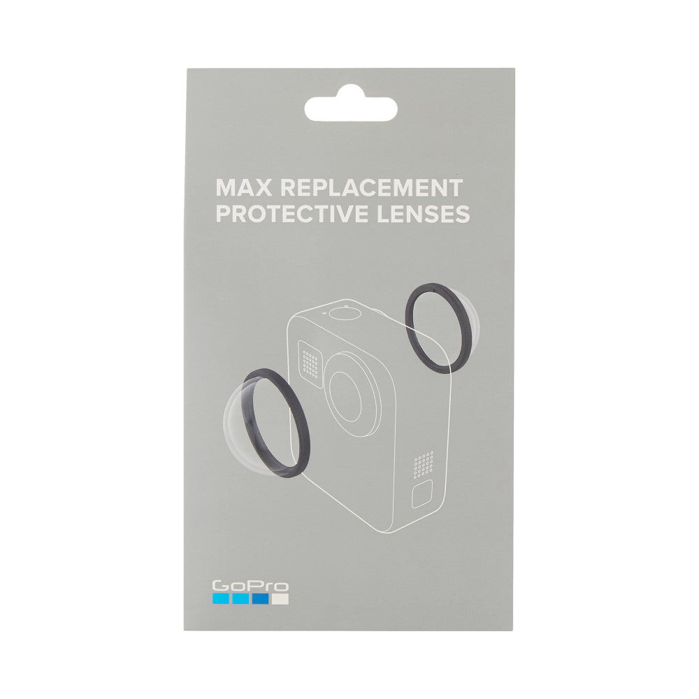 GoPro MAX replacement protective lens packaging showing two lens rings displayed against an illustrated camera diagram on gray background.