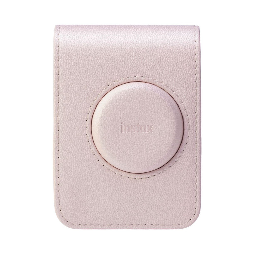 Light pink leather camera case with circular lens opening and stitched edges, front view