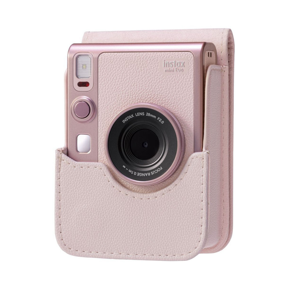 Rose pink Instax Mini EVO camera in matching protective case, shown from front angle displaying lens, flash, and shutter button.