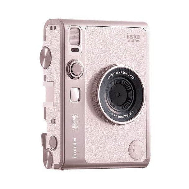 Fujifilm Instax Mini EVO instant camera in rose pink shown from front-left angle, displaying lens, viewfinder, and control buttons.