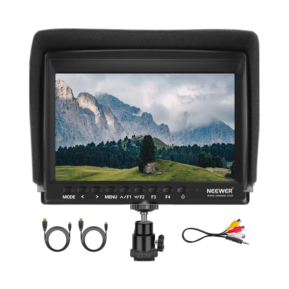 Neewer 7-inch LCD monitor displayed with accessories including mounting ball head, HDMI cables, and composite video cable against white background.