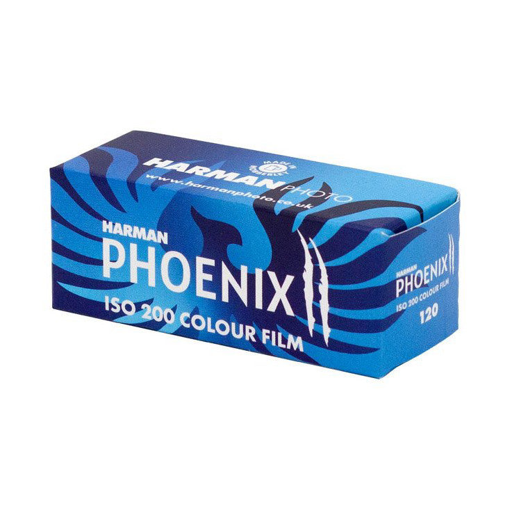 Blue box of Harman Phoenix II 120 ISO 200 color film shown at a three-quarter angle against a white background.