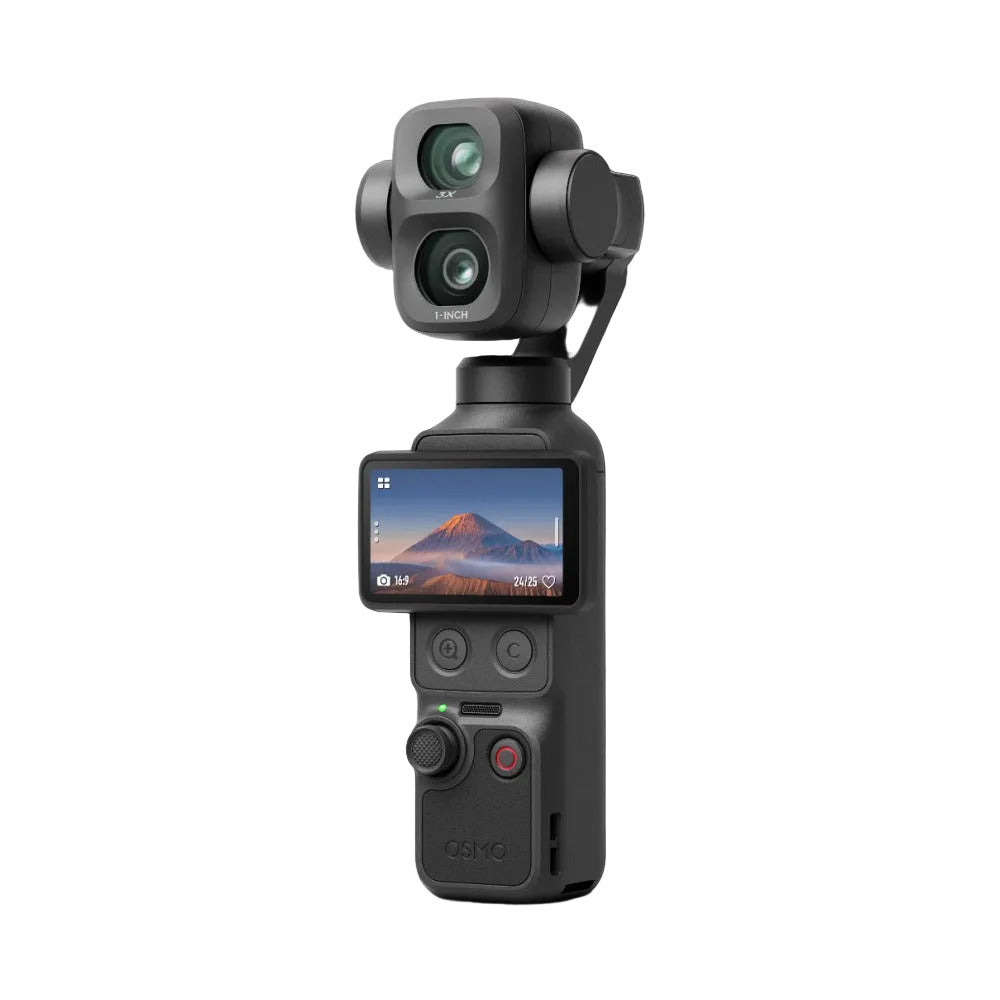 DJI Osmo Pocket 4P handheld gimbal camera displayed front-on, showing dual lens head, articulating arms, touchscreen display with mountain landscape, and control interface below against black background.