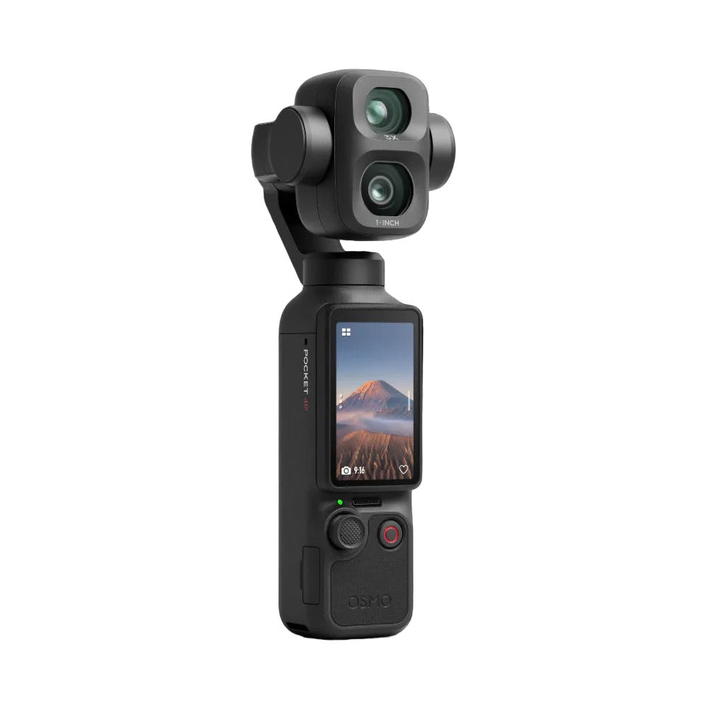 DJI Osmo Pocket 4P gimbal camera shown front view displaying its dual-lens head, small touchscreen displaying a mountain landscape, and control buttons below.