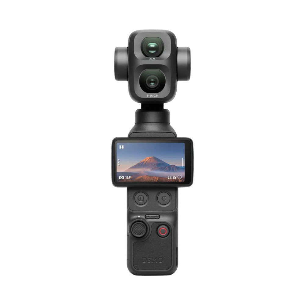 DJI Osmo Pocket 4P gimbal camera displayed front-on against black background, showing dual lens camera head and LCD screen displaying mountain landscape.