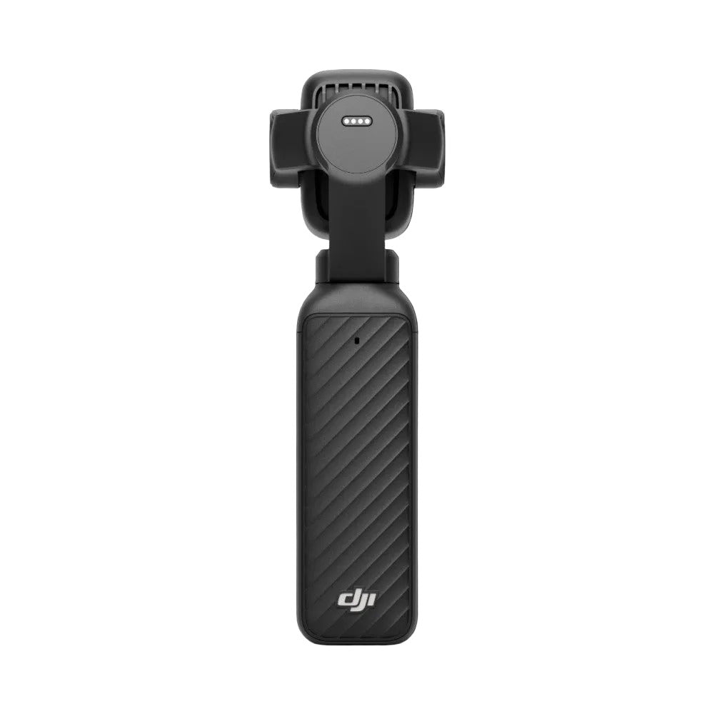 DJI Osmo Pocket 4P gimbal stabilizer displayed front-facing against black background, showing articulated head mount and textured grip handle.