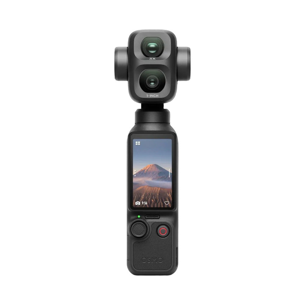 DJI Osmo Pocket 4P gimbal camera shown from front with dual lens module on top and touchscreen displaying mountain landscape below.