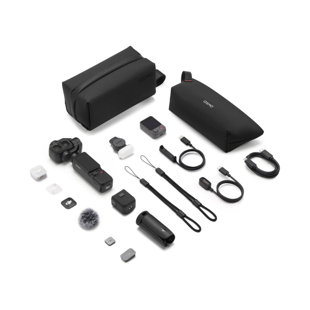 Flat lay of DJI Osmo Pocket 4P Vlog Combo accessories including gimbal, remote, batteries, microphone, cables, and carrying cases arranged on white background.