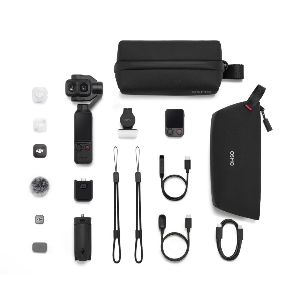 Flat lay product shot displaying DJI Osmo Pocket 4P components including gimbal camera, remote controller, batteries, cables, windscreen, and carrying cases arranged on white background.