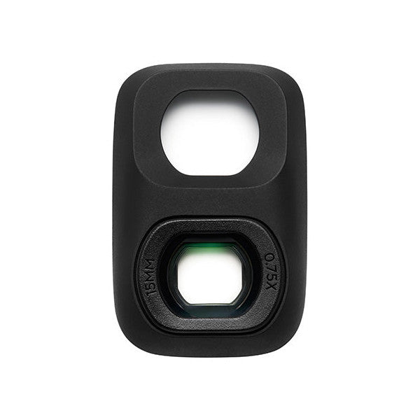 Close-up of black DJI Pocket 4P wide-angle lens attachment showing dual circular lens openings with green accent ring against white background.