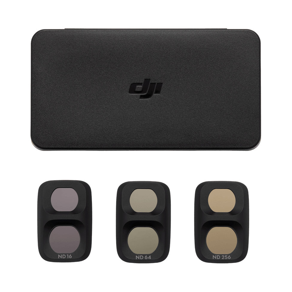 DJI Pocket 4P ND Filter Set displayed with carrying case above three neutral density filters labeled ND16, ND64, and ND256.