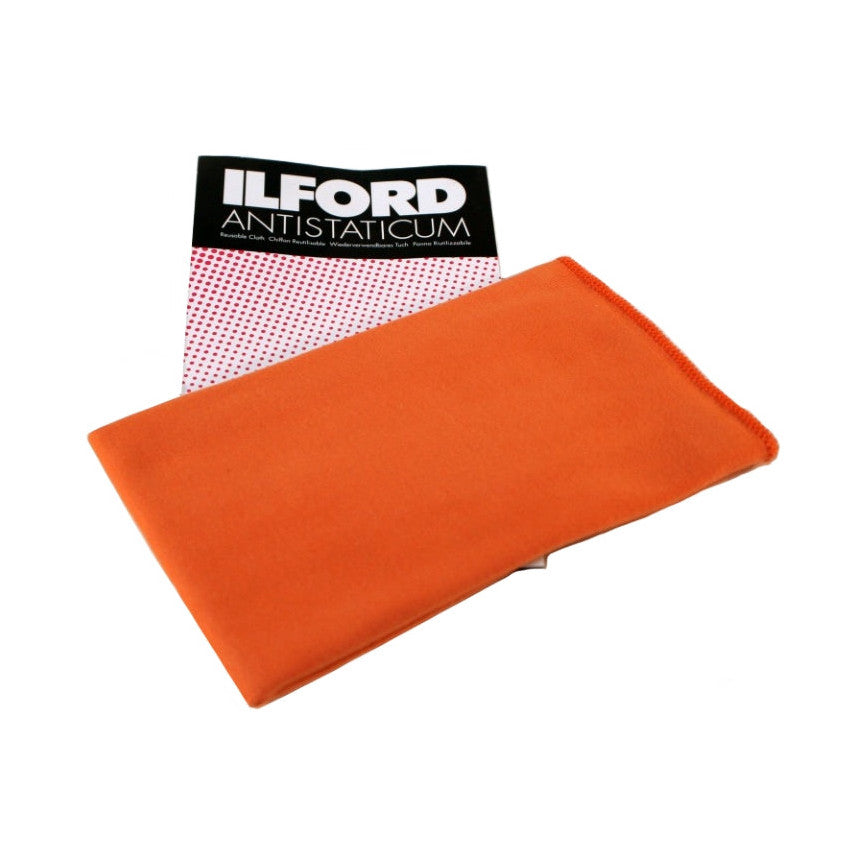 Ilford Antistatic Cloth in orange displayed flat next to its packaged product showing the red and white patterned packaging.