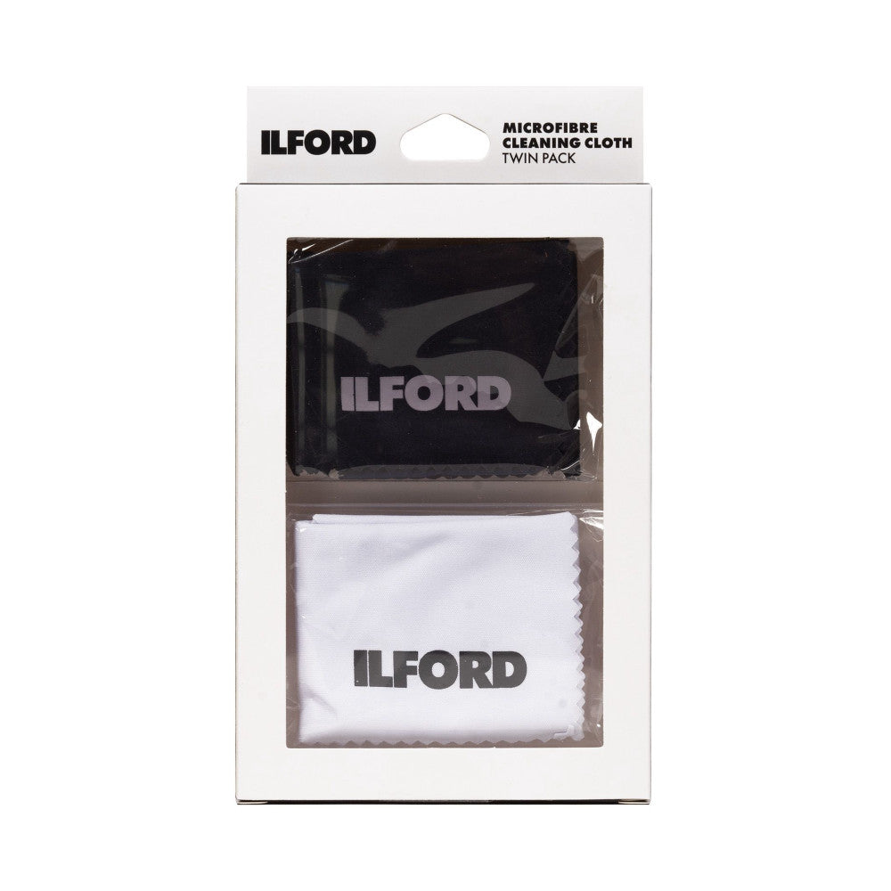 Ilford Microfibre Cleaning Cloth Twin Pack showing front of retail packaging with black and white cloths visible behind clear window.