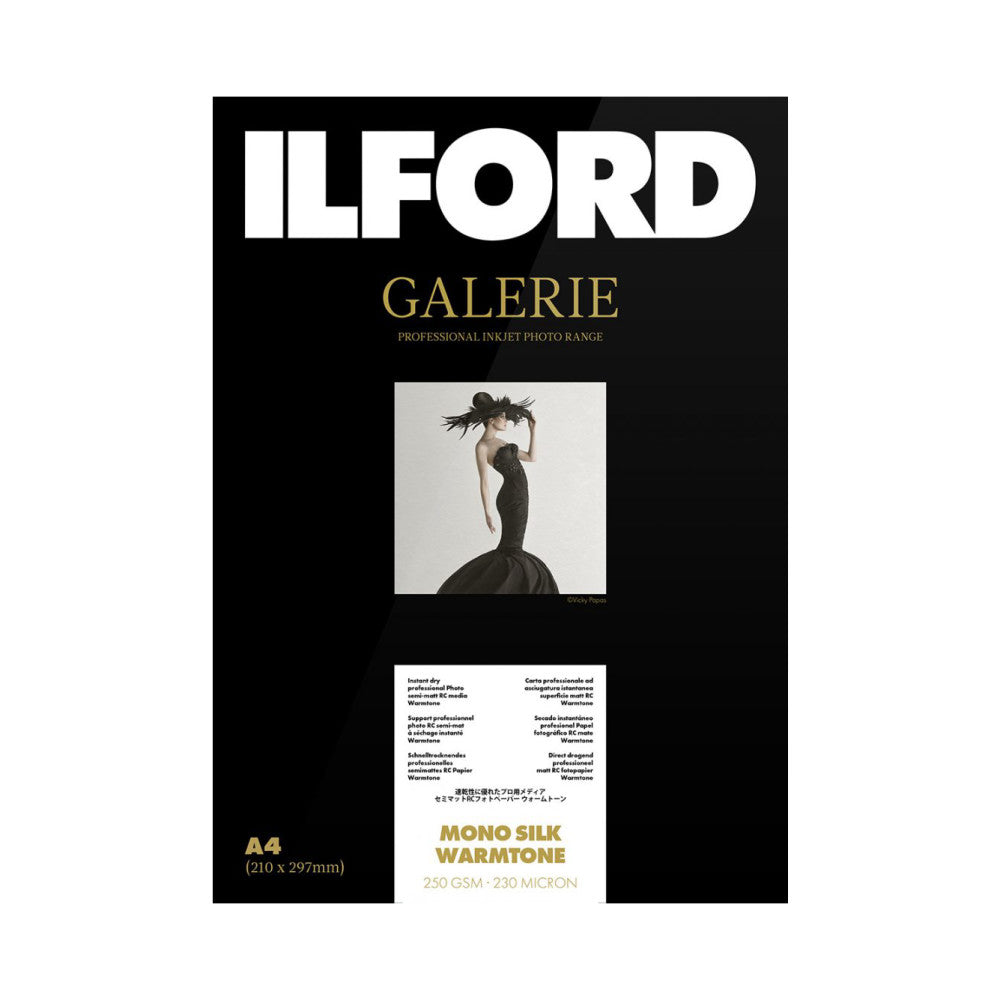 Ilford Galerie packaging front displaying product name, specifications, and a black and white portrait photograph of a woman in an elegant black dress.
