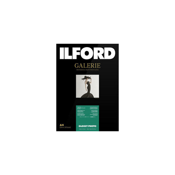 Front of Ilford Galerie Glossy Photo Paper A4 package showing product branding, sample photo, and green specification label on black background.