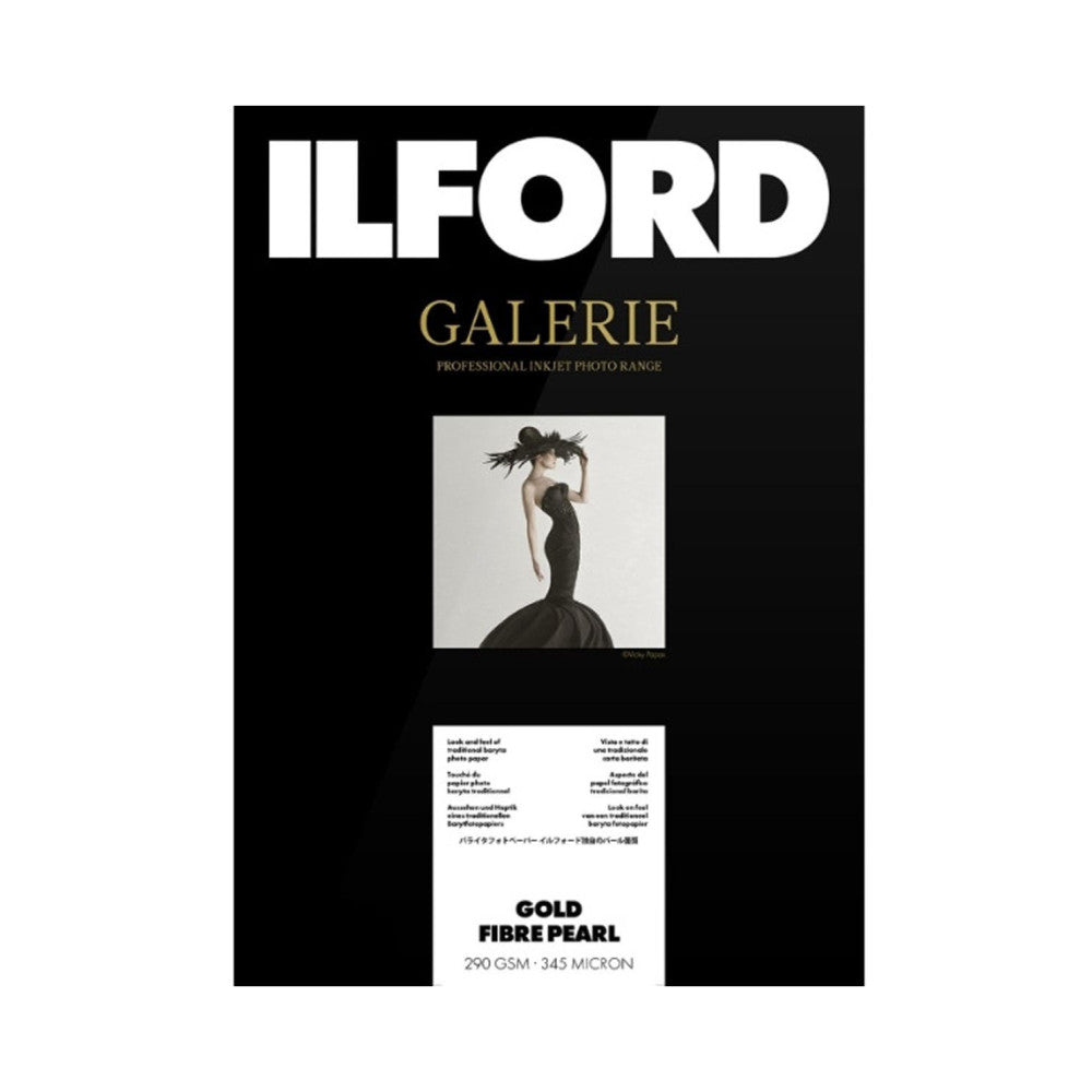 Front of Ilford Galerie Gold Fibre Pearl photo paper packaging showing brand name, product details, and elegant black and white fashion photograph sample.