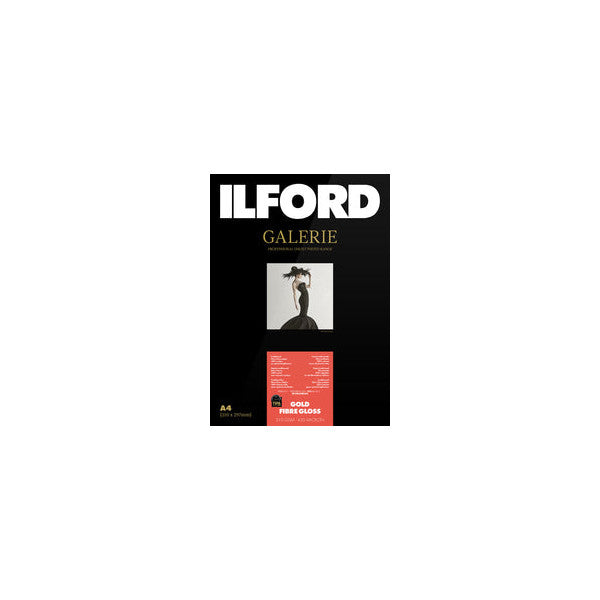 Front of Ilford Galerie Gold Fibre Gloss photo paper package showing product name, sample image, and specifications on black background.