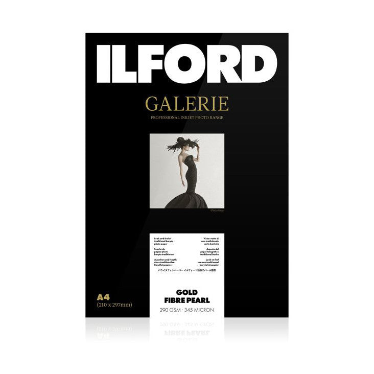 Front of Ilford Galerie Gold Fibre Pearl A4 photo paper package showing product name, professional inkjet range label, sample fashion photograph, and specifications.