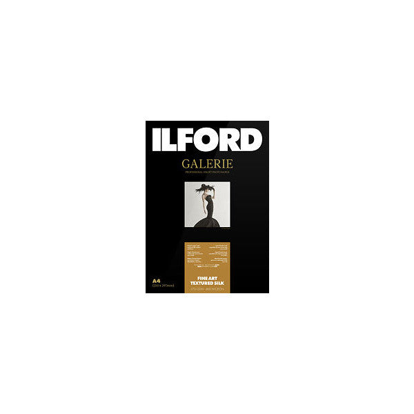 Front packaging of Ilford Galerie Fine Art Textured Silk paper showing product name, sample image of a figure, and specifications on black background.