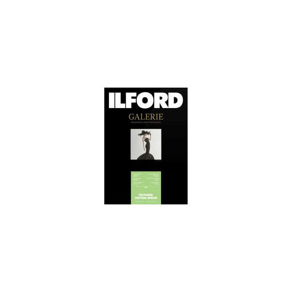 Front of Ilford Galerie photo paper package box showing product name, sample image, and green product information label.