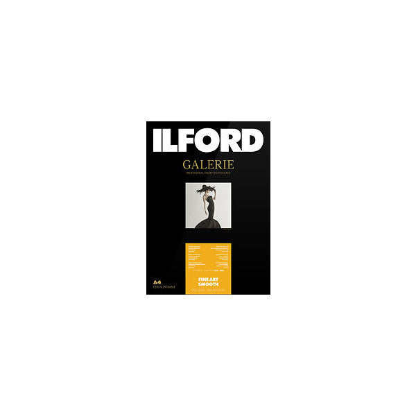 Front of Ilford Galerie Fine Art Smooth paper package showing product name, sample fine art photograph, and yellow specification label on black background.