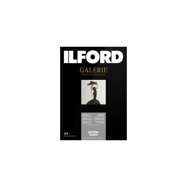 Front of Ilford Galerie Crystal Gloss photo paper package showing product name, sample image print, and specifications on black background.