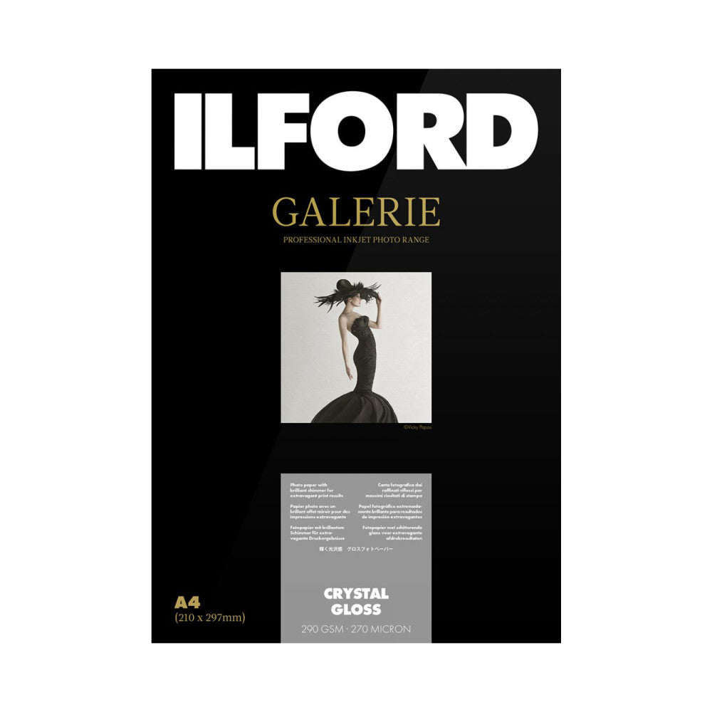 Front of Ilford Galerie Crystal Gloss A4 photo paper packaging showing product name, elegant fashion photograph sample, and specifications on black background.