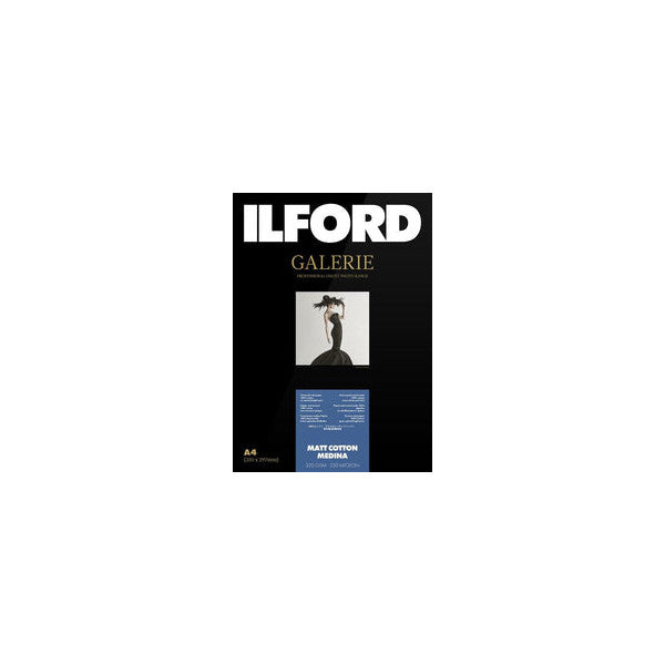 Front of Ilford Galerie Matt Cotton Medina product packaging showing brand logo, sample print, and specification details on black background.