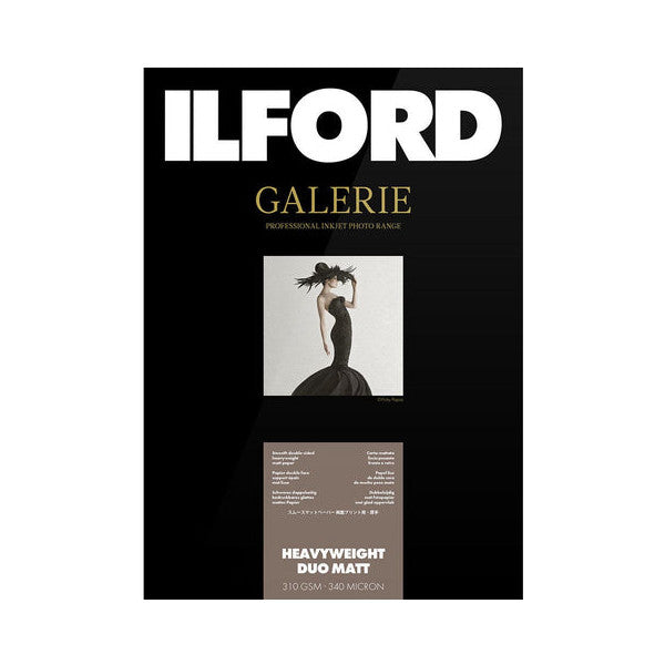Front of Ilford Galerie Heavyweight Duo Matt paper packaging, showing black box with white logo, product image of woman in black dress, and specifications for 310gsm A4 paper.
