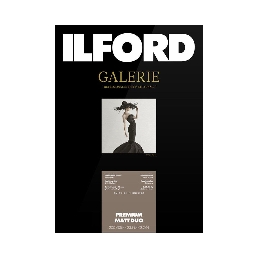 Ilford Galerie product box front showing elegant black and white fashion photograph of woman in evening gown with dramatic pose.