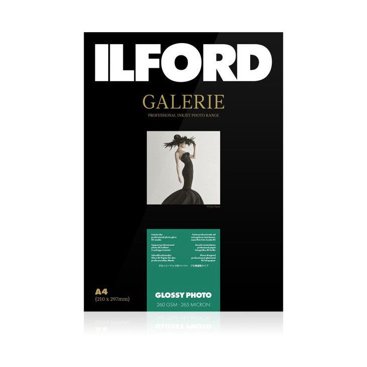 Front of Ilford Galerie Glossy Photo Paper package showing black box with product name, sample fashion photo, and green information panel at bottom.