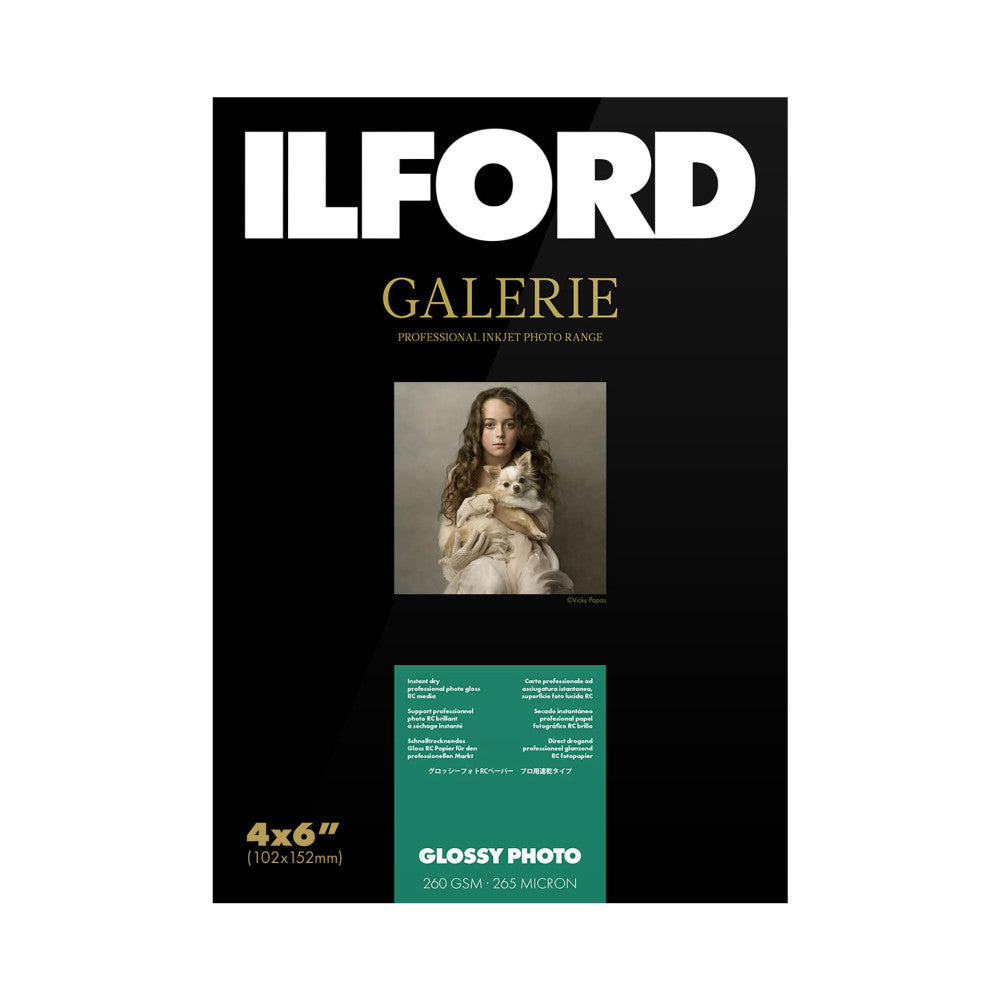 Front of Ilford Galerie Glossy photo paper box showing product image of woman holding white dog, specifications, and 4x6 inch dimensions.