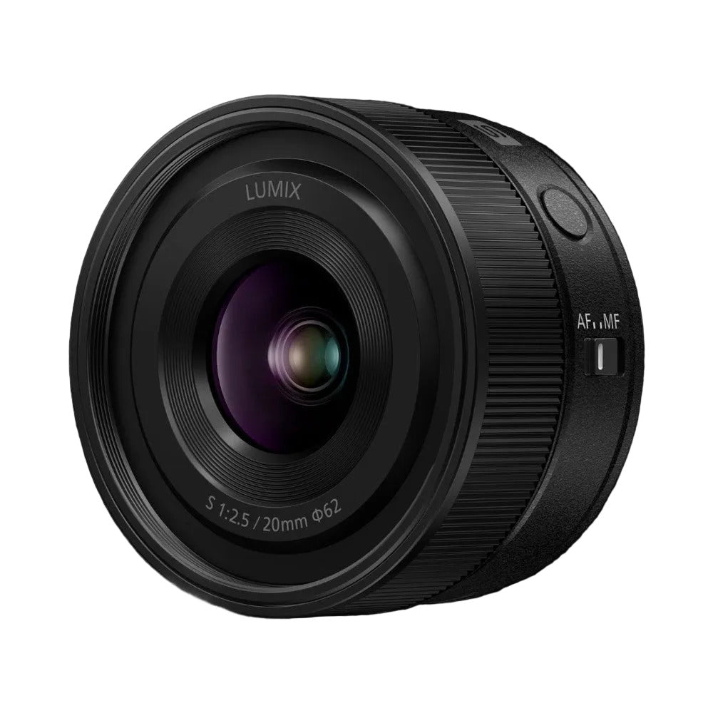 Black Panasonic Lumix S 20mm F2.5 lens shown at three-quarter angle against black background, displaying front glass element and side controls.