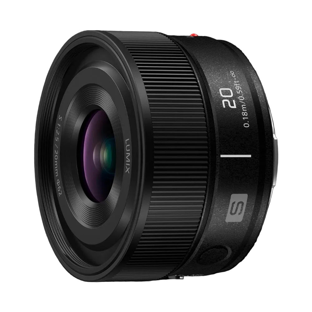 Black Panasonic Lumix S 20mm F2.5 lens shown at three-quarter angle against black background, displaying front element and barrel markings.
