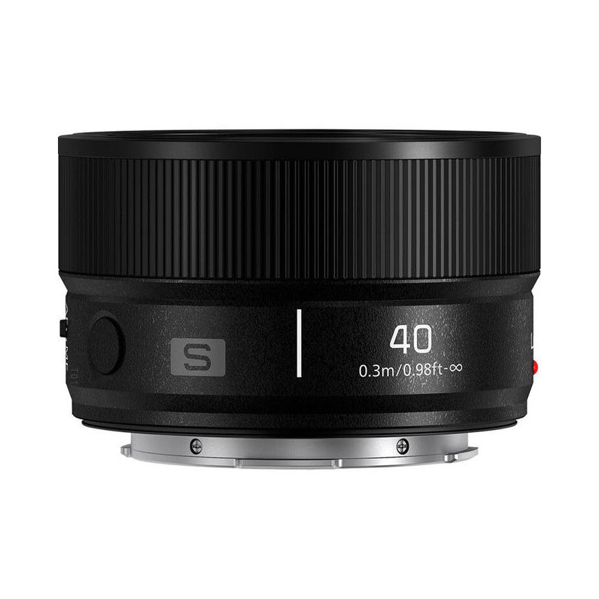 Top-down view of black Panasonic Lumix S 40mm F2 lens showing ribbed barrel, focus ring marked "40" and minimum focus distance, and silver metal mount.