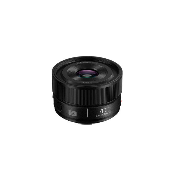 Front-view product photo of a black Panasonic Lumix S 40mm F2 lens showing the barrel, focus ring, and glass element.
