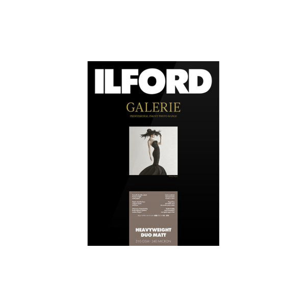 Front of Ilford Galerie paper packaging showing product name, sample portrait photo, and specifications on black background.