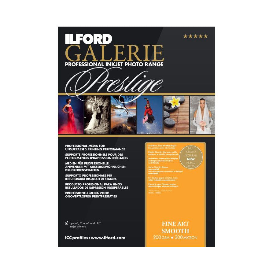 Front of Ilford Galerie Prestige Fine Art Smooth photo paper package showing product name, sample photos, and specifications on black and orange background.