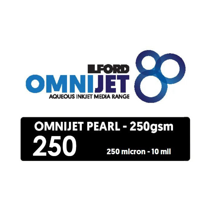 Ilford Omnijet Pearl product logo and specification label showing 250gsm weight and 250 micron thickness details against white background.