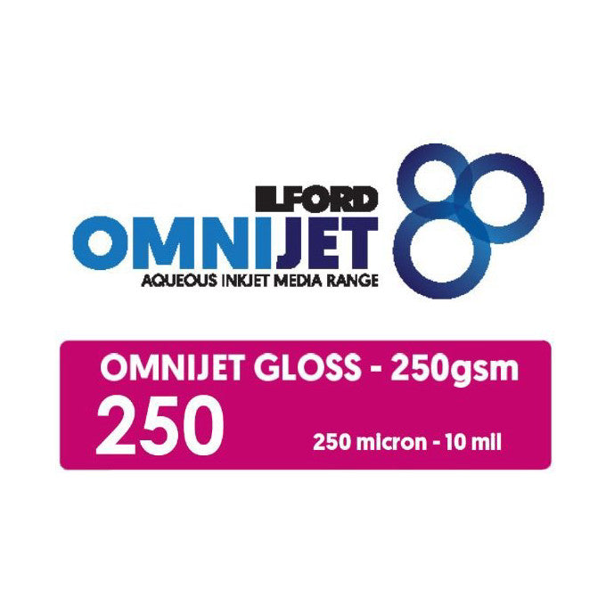 Ilford Omnijet product logo and specifications label showing gloss 250gsm media details on magenta background.